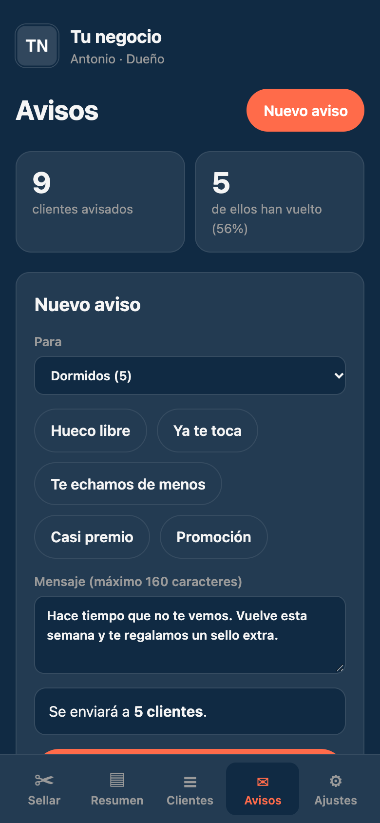 Pantalla del panel: Un aviso, cinco segundos