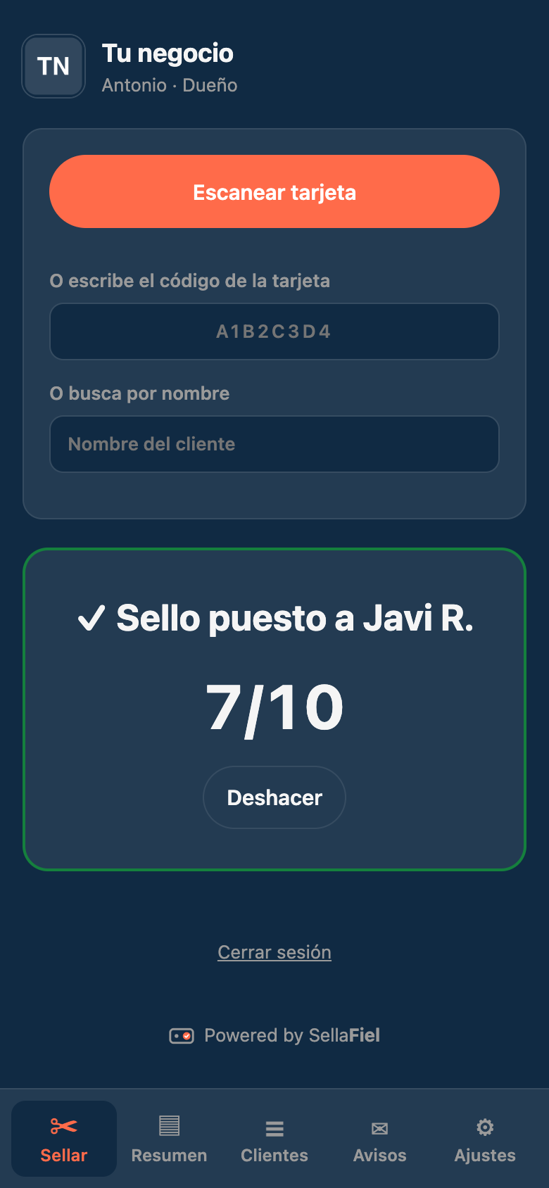 Pantalla del panel: Poner un sello